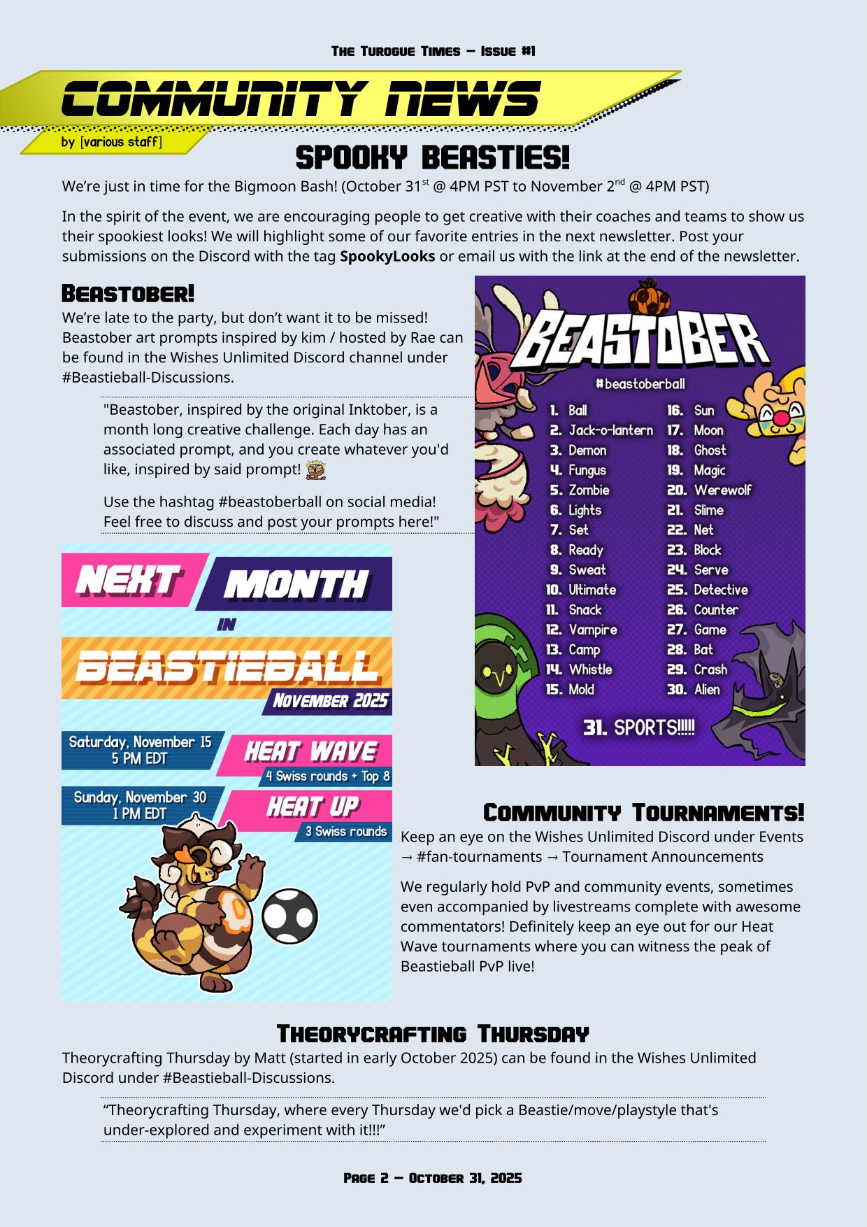 Page 2 of the Turogue Times, a Beastieball newsletter. This page is Community News. For a more screen reader friendly format, please see the PDF download above.
